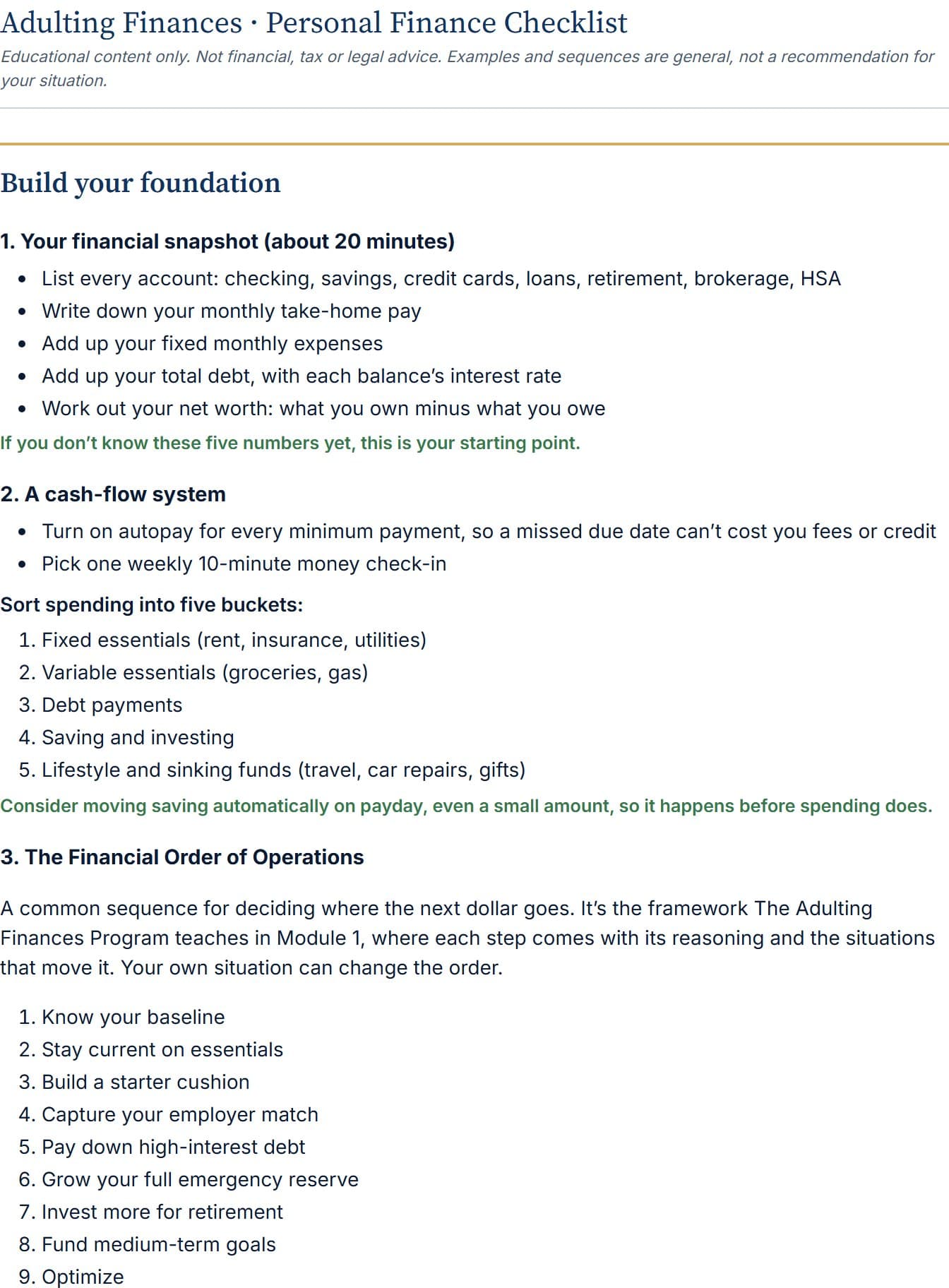 A page from inside the checklist: your financial snapshot, a cash-flow system with five spending buckets, and the Financial Order of Operations.