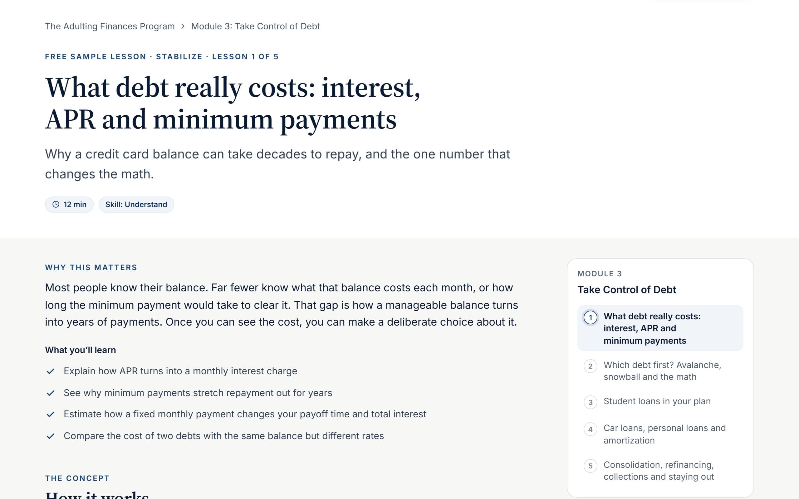 A lesson page: the title and summary, why the topic matters, what you’ll learn, and the module’s lesson list beside it.
